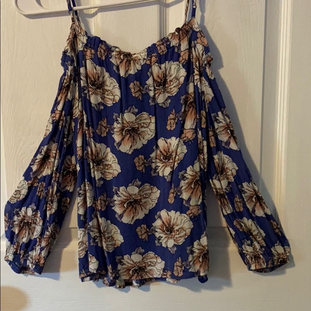 Blue floral off the shoulder long sleeve